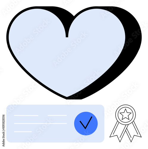 Heart shape with checkmark on document and award ribbon representing approval, certification, and trust. Ideal for quality assurance, safety, endorsement, authentication, customer satisfaction