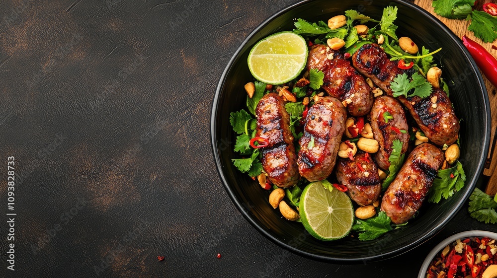 Grilled Sausages with Fresh Herbs, Lime, and Peanuts on a Dark Surface - A Flavorful and Savory Dish Perfect for Enhancing Your Culinary Creations Grilled Sausages with Fresh Herbs, Lime, and Peanuts on a Dark Surface - A Flavorful and Savory Dish Perfect for Enhancing Your Culinary Creations