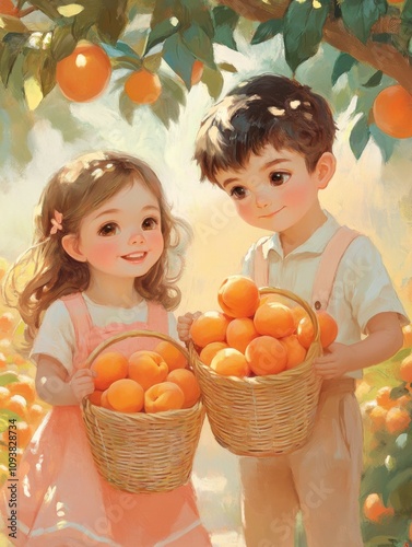 Peach Harvest Joy: A Pastel-Colored Children's Illustration