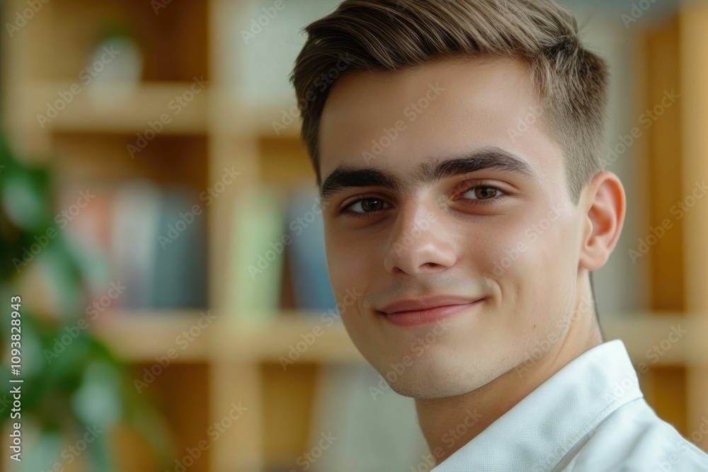 Close-up of a confident young European man. Young handsome man, teenage leader, CEO, male businessman on blurred office background. Handsome young European businessman smiles at the camera Close-up of a confident young European man. Young handsome man, teenage leader, CEO, male businessman on blurred office background. Handsome young European businessman smiles at the camera