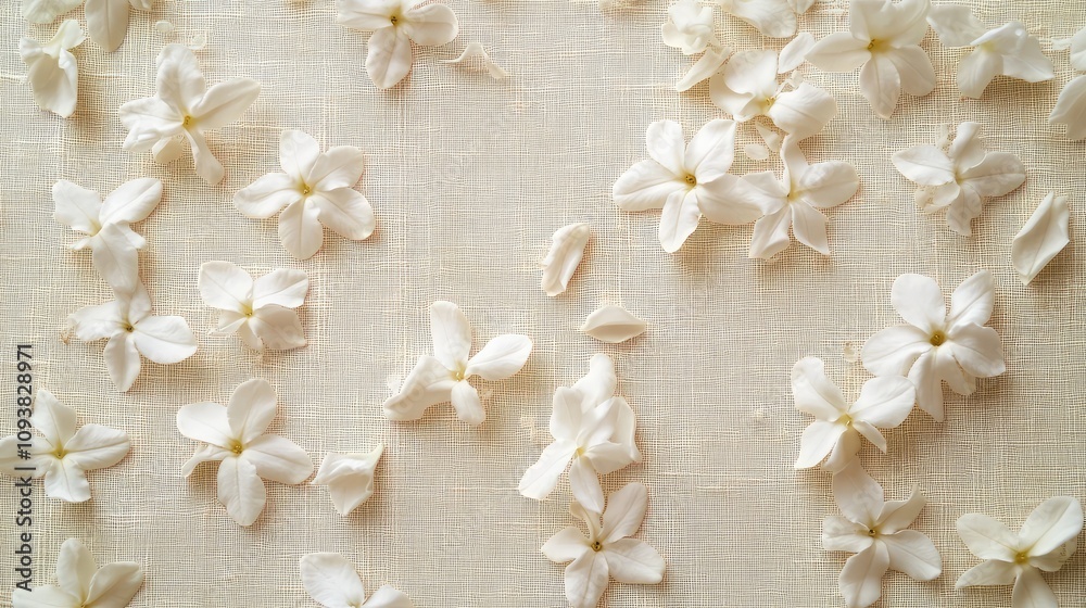 Delicate White Flowers on a Soft Beige Fabric Background, Perfect for Elegant Designs, Invitations, and Nature-Themed Projects in Minimalist Style Delicate White Flowers on a Soft Beige Fabric Background, Perfect for Elegant Designs, Invitations, and Nature-Themed Projects in Minimalist Style