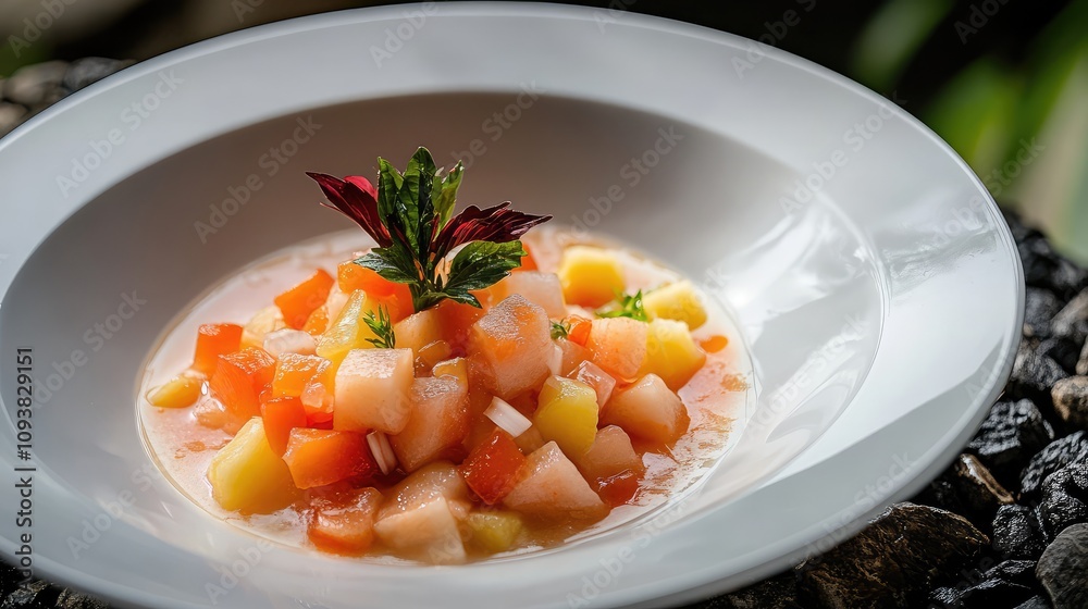 Fresh and Colorful Fruit Salad with Melon, Papaya, and Mint garnished in a White Bowl on a Natural Stone Background for Healthy Eating Inspiration Fresh and Colorful Fruit Salad with Melon, Papaya, and Mint garnished in a White Bowl on a Natural Stone Background for Healthy Eating Inspiration
