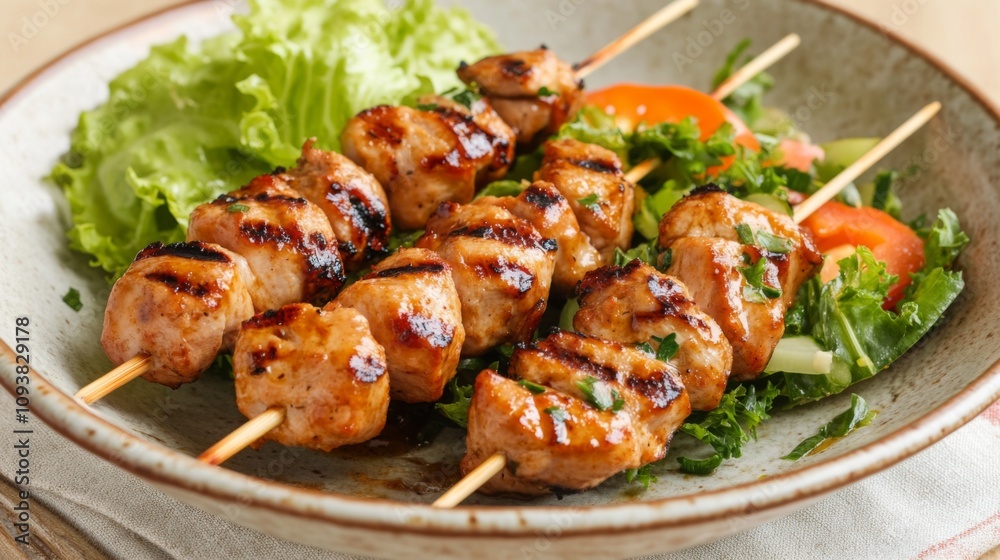 Juicy Grilled Chicken Skewers on Plate with Fresh Vegetables and Greens Served with Savory Sauce for a Delicious Summer Barbecue Meal Juicy Grilled Chicken Skewers on Plate with Fresh Vegetables and Greens Served with Savory Sauce for a Delicious Summer Barbecue Meal