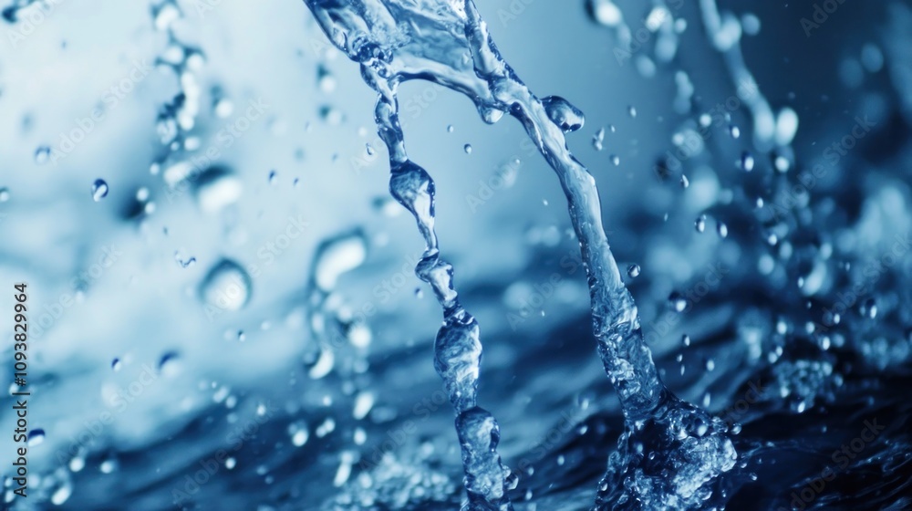 Close-up of water droplets and splashes creating a mesmerizing pattern on a blue background. Close-up of water droplets and splashes creating a mesmerizing pattern on a blue background.