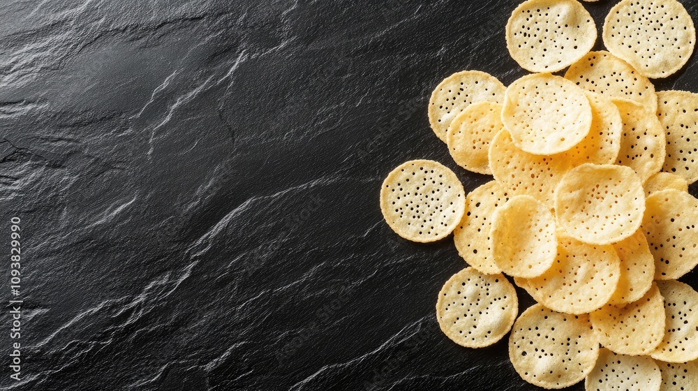 A Close-Up of Crispy Round Crackers on a Dark Stone Surface Perfect for Culinary Backgrounds and Food Styling in Editorial and Commercial Projects A Close-Up of Crispy Round Crackers on a Dark Stone Surface Perfect for Culinary Backgrounds and Food Styling in Editorial and Commercial Projects