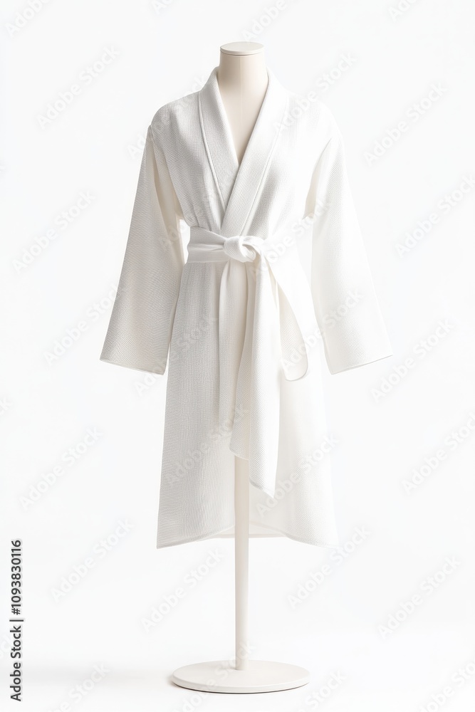 White spa robe displayed on a mannequin against a neutral background.
