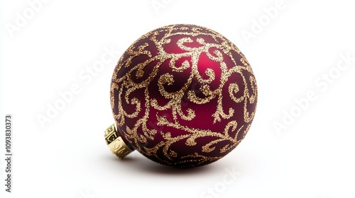 Macro shot of red and gold Christmas ball with intricate glitter patterns, isolated on white, perfect for holiday advertising