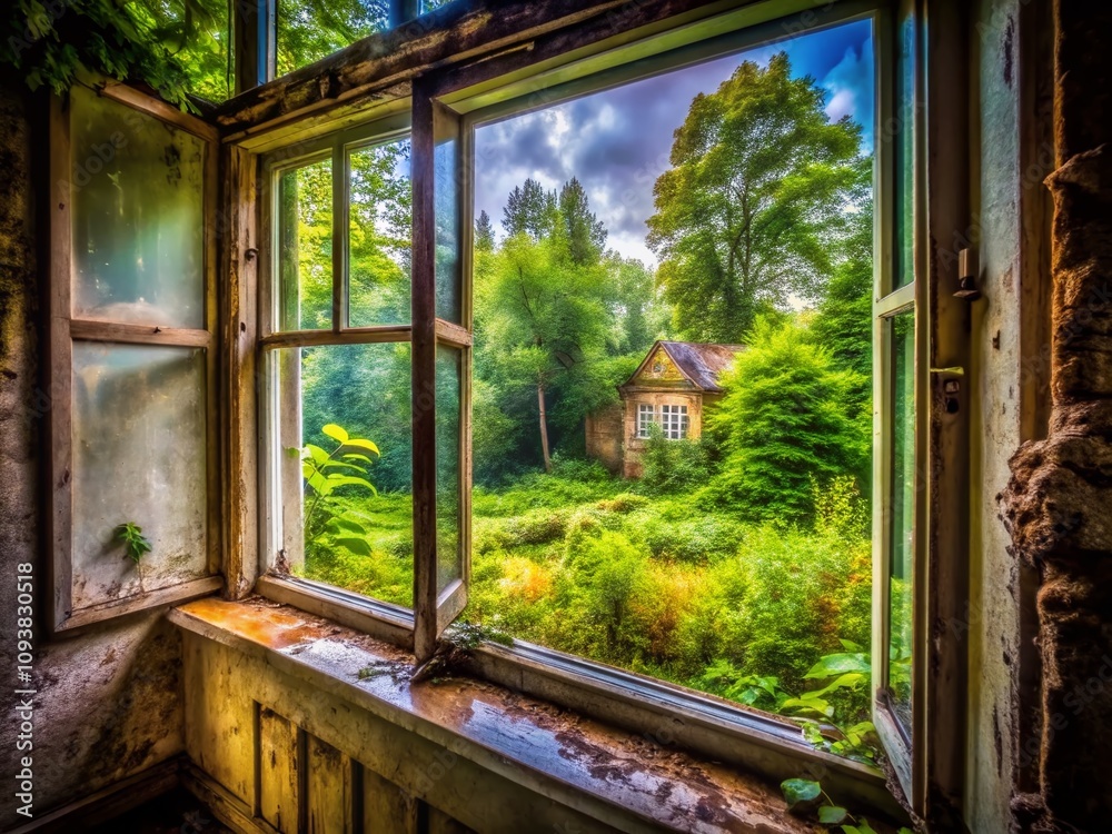 Fototapeta premium Captivating View from a Window in an Abandoned House, Showcasing Wet Glass and Lush Trees, Evoking Nostalgia and Nature's Resilience Amidst Decay and Ruin