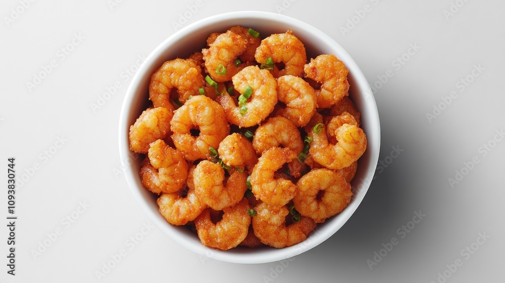 Deliciously Crispy Fried Shrimp in a White Bowl, Garnished with Fresh Chives, Ideal for Appetizers or Seafood Dishes Perfect for Any Occasion or Event