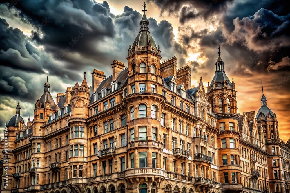 Captivating View of Victorian Architecture in London Under Dramatic Cloudy Skies, Showcasing Intricate Details and Historical Grandeur of 19th Century Buildings