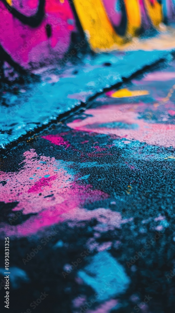 Fototapeta premium Vibrant and Colorful Abstract Graffiti Artwork with Blue, Pink, and Purple Paint Spills on a Wet Surface Capturing Urban Artistic Expression and Texture