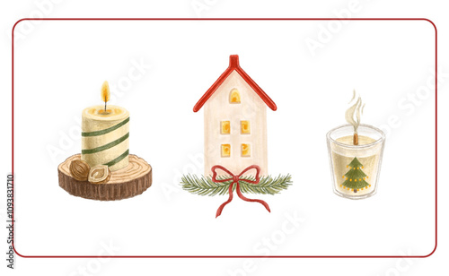 Set of isolated digital hand drawn elements. Candle. Candlestick. A Christmas candle. Cozy Christmas. New Year. Decoration for Christmas. Color illustration.