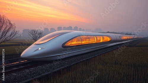 A high-speed train traveling through fields, train background.