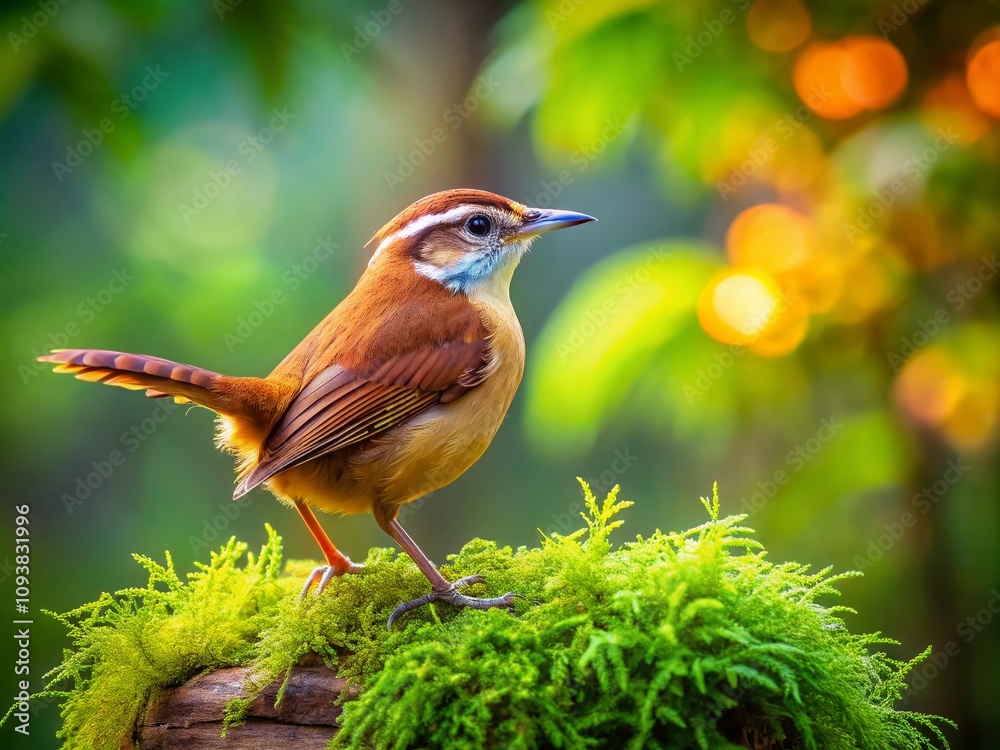 Carolina Wren Perched on a Moss-Covered Log in a Serene Natural Setting with Soft Background and Ample Copy Space for Nature Photography Enthusiasts Carolina Wren Perched on a Moss-Covered Log in a Serene Natural Setting with Soft Background and Ample Copy Space for Nature Photography Enthusiasts