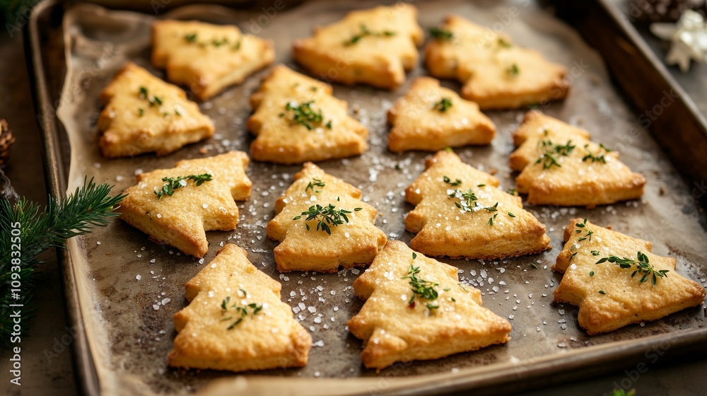 A Batch of Golden, Flaky Christmas Tree-Shaped Biscuits on a Baking Tray, Fresh Out of the Oven, Sprinkled with Salt Crystals and Herbs for a Festive, Savory Appeal A Batch of Golden, Flaky Christmas Tree-Shaped Biscuits on a Baking Tray, Fresh Out of the Oven, Sprinkled with Salt Crystals and Herbs for a Festive, Savory Appeal