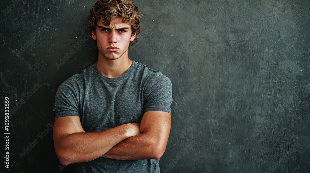 Thoughtful Young Man with Folded Arms Against a Dark Background, Expressing Contemplation and Emotion in a Natural Setting Thoughtful Young Man with Folded Arms Against a Dark Background, Expressing Contemplation and Emotion in a Natural Setting