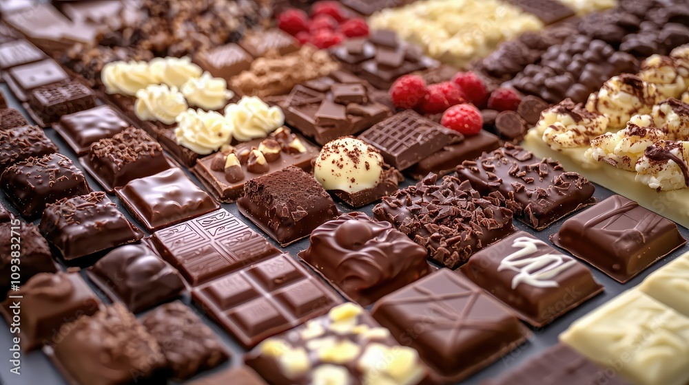 An Array of Exquisite Assorted Chocolates Featuring Various Textures, Flavors, and Decorations Perfect for Confectionery Enthusiasts and Dessert Lovers An Array of Exquisite Assorted Chocolates Featuring Various Textures, Flavors, and Decorations Perfect for Confectionery Enthusiasts and Dessert Lovers