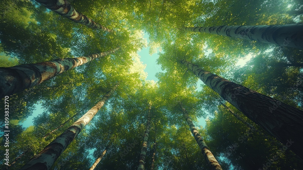 Fototapeta premium Looking up at a grove of tall trees with green leaves, sun shining through the canopy.