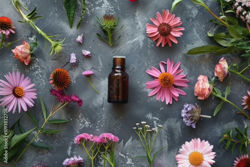 Brown bottle of essential oil surrounded by various colorful flowers on a gray background, creating a vibrant and natural scene photo