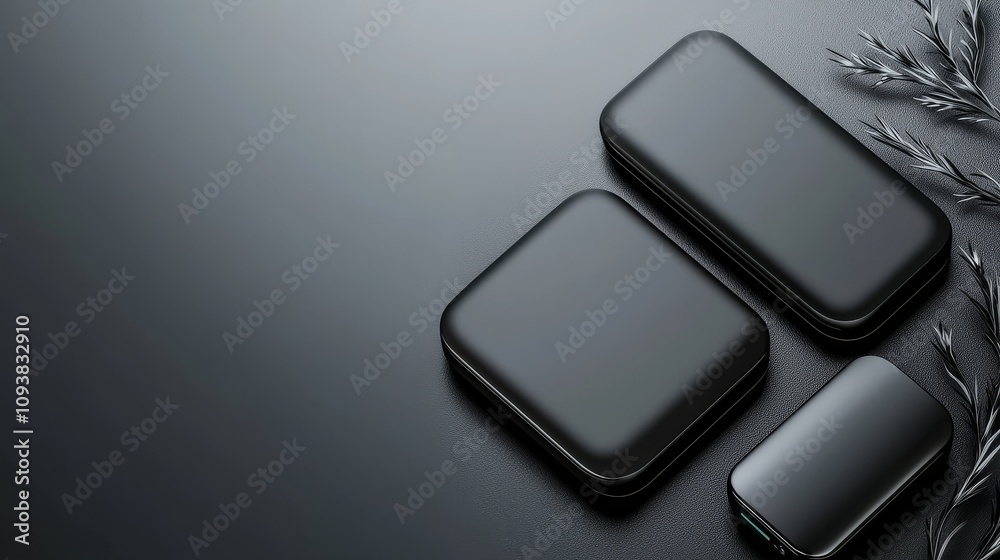 Sleek black power bank, soft reflections on dark surface, luxury tech Sleek black power bank, soft reflections on dark surface, luxury tech