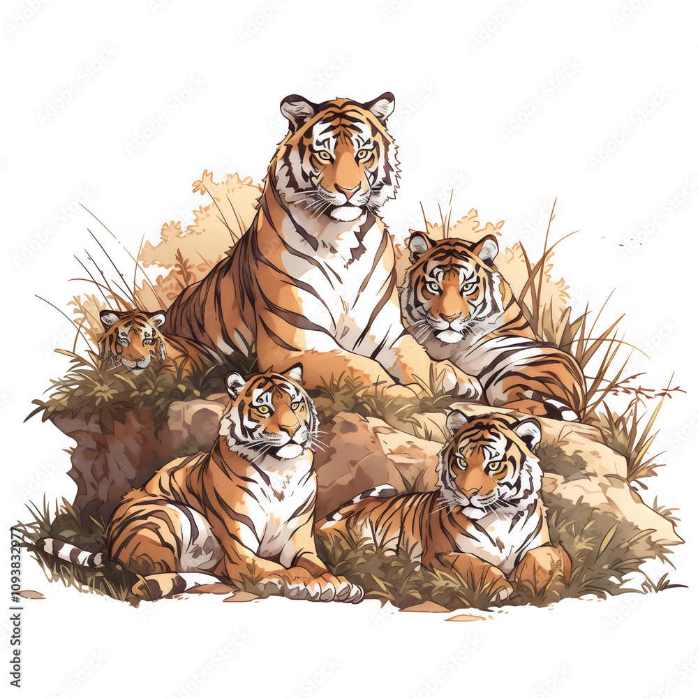 Fototapeta premium a group of tiger sitting and sleeping illustration isolated white background, clipart, kids book