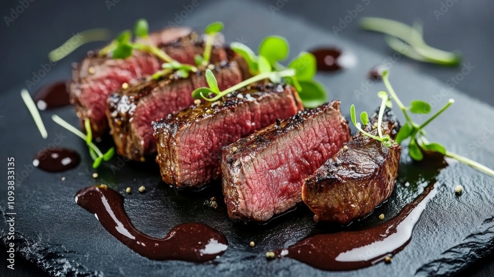Juicy Grilled Steak Slices Served on a Dark Slate Platter with Fresh Microgreens and Garnish, Perfect for Gourmet Dining and Culinary Presentations Juicy Grilled Steak Slices Served on a Dark Slate Platter with Fresh Microgreens and Garnish, Perfect for Gourmet Dining and Culinary Presentations