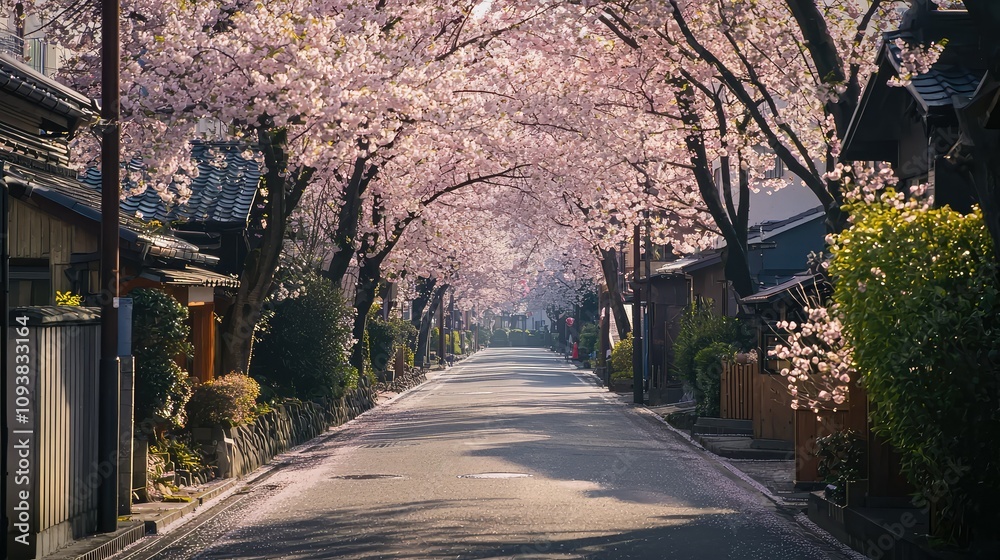 Serene Sakura Blossom Pathway Lined with Traditional Japanese Houses in Early Morning Light, Showcasing Nature's Beauty and Tranquility during Cherry Blossom Season Serene Sakura Blossom Pathway Lined with Traditional Japanese Houses in Early Morning Light, Showcasing Nature's Beauty and Tranquility during Cherry Blossom Season