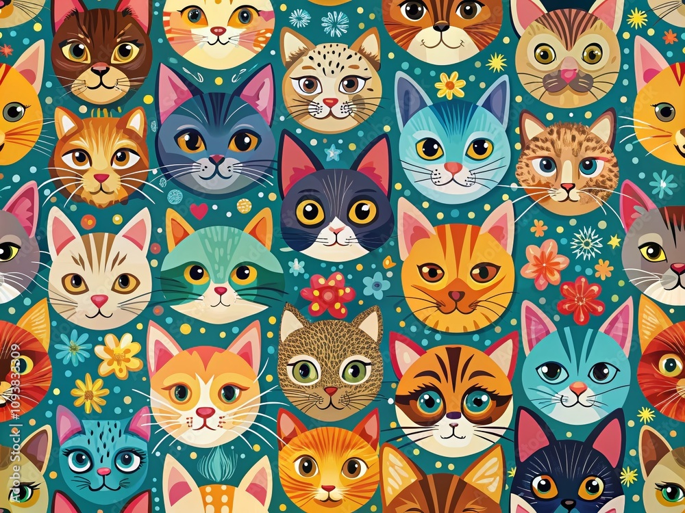 Charming Cat Muzzles in a Playful Pattern for Unique Textile Designs and Fun Home Decor, Perfect for Cat Lovers, Animal Enthusiasts, and Creative Projects Charming Cat Muzzles in a Playful Pattern for Unique Textile Designs and Fun Home Decor, Perfect for Cat Lovers, Animal Enthusiasts, and Creative Projects