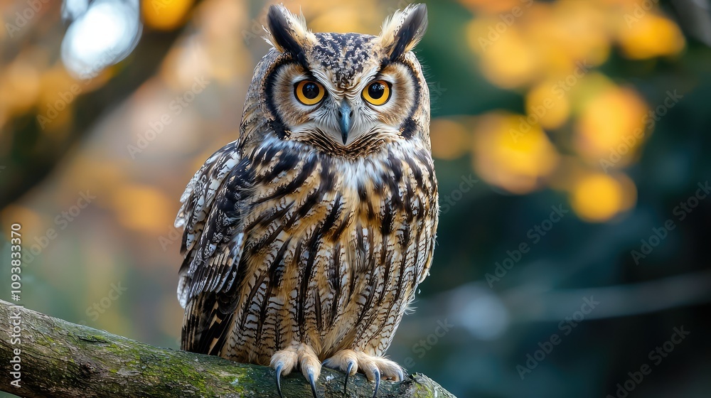 Captivating Close-Up of a Striking Owl Perched on a Branch Amidst Soft Autumn Light, Showcasing Its Intense Eyes and Intricate Feather Patterns Captivating Close-Up of a Striking Owl Perched on a Branch Amidst Soft Autumn Light, Showcasing Its Intense Eyes and Intricate Feather Patterns