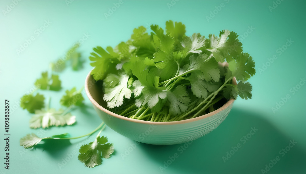 Fresh Coriander Leaves in a bowl on Mint green background Fresh Coriander Leaves in a bowl on Mint green background