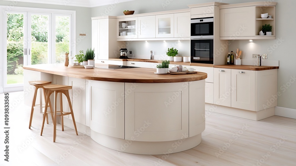 Fototapeta premium Cream and Brown Luxury Kitchen Bathed in Natural Light