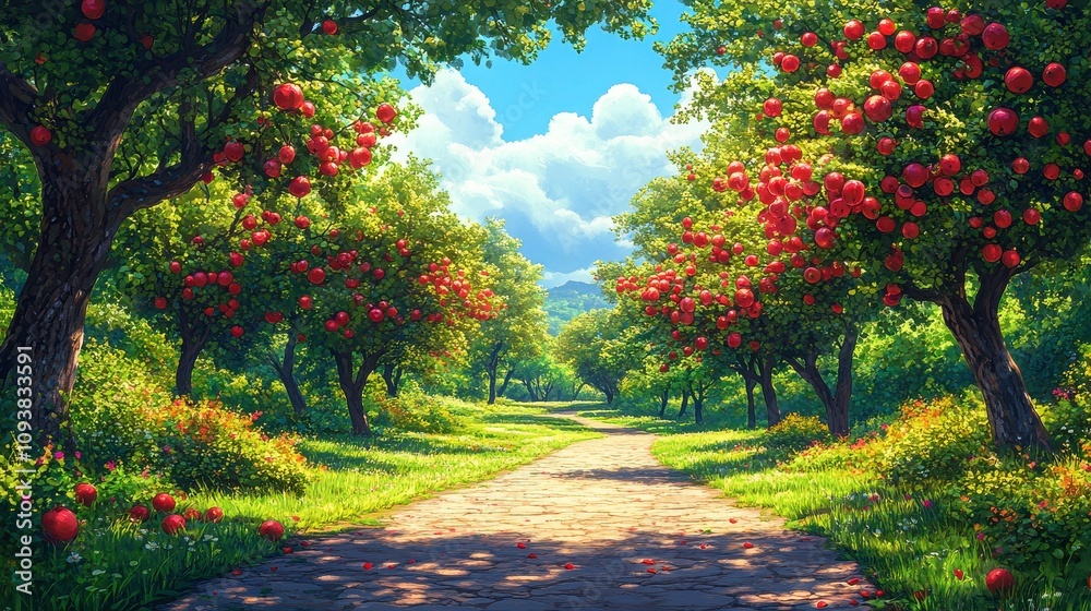Naklejka premium Beautiful Scenic Pathway Through Lush Green Orchard with Abundant Red Apples Under Bright Blue Sky and Fluffy White Clouds in Vibrant Nature Setting