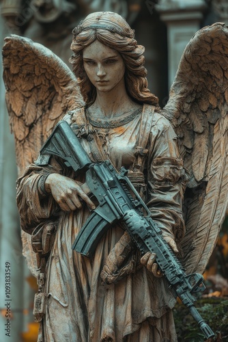 A stone angel statue with a modern rifle.