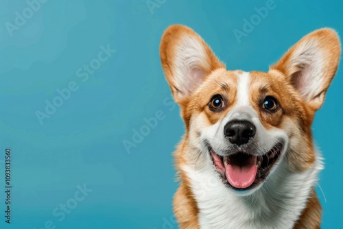 Happy Corgi dog with a cheerful expression against a bright blue background, showcasing playful and friendly demeanor. Perfect for pet and animal lovers. photo