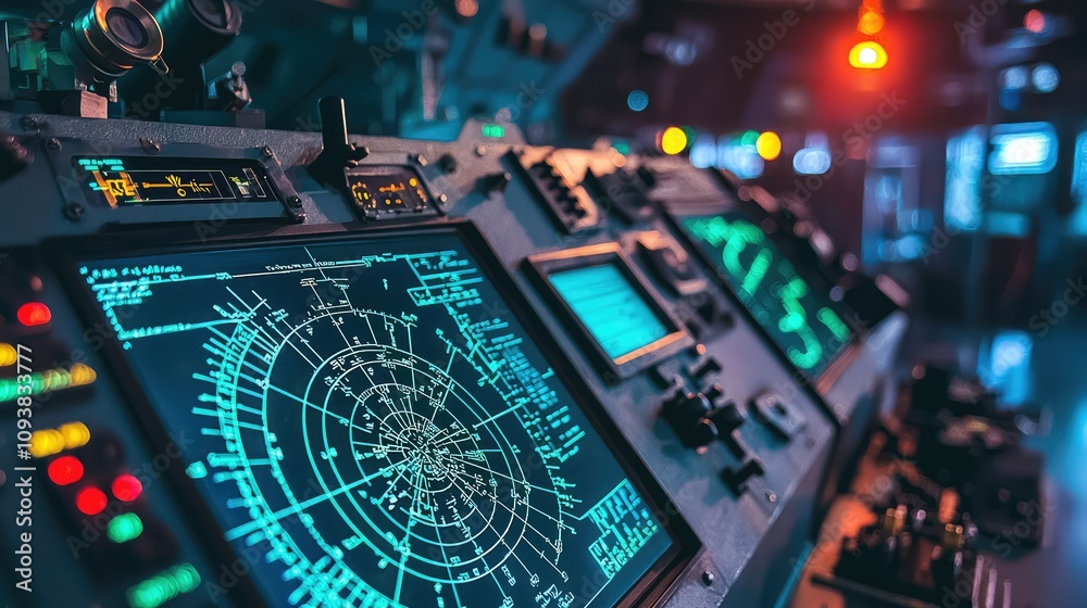 Fototapeta premium High-Tech Control Room Dashboard with Digital Displays and Navigation Instruments in a Modern Marine Environment at Night