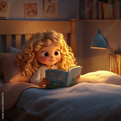 Happy Girl Reading in Bed: Warmly Lit Room with Books and Night Lamp