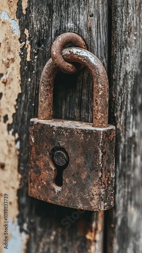 Rustic Iron Padlock on Weathered Wooden Door with Textured Surface and Faded Paint, Symbolizing Security and Vintage Charm in an Aged Environment