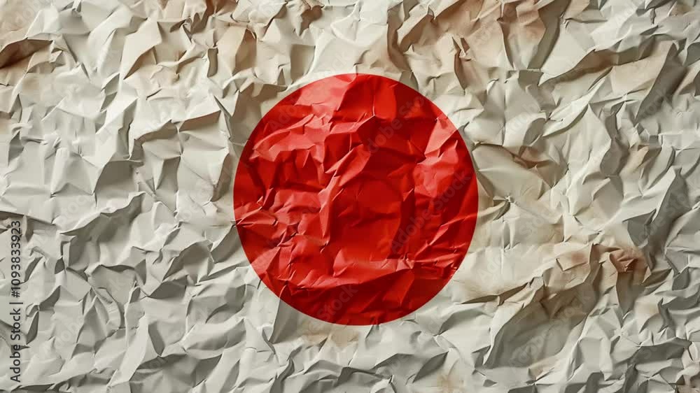 Japan flag in crumpled paper, stop motion, looping video