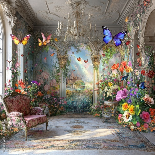 A whimsical indoor garden with a view of a castle, a plush armchair, a rug, a chandelier, flowers, and butterflies.