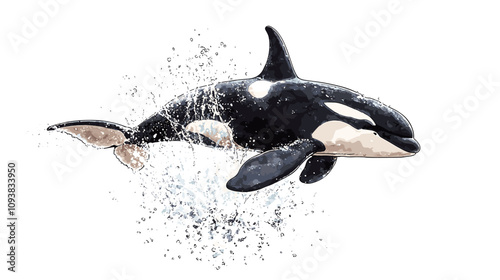 Orca killer whale watercolor vector illustration isolated on a white background for your design, black and white