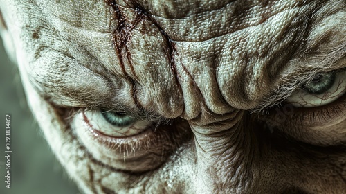 Intense Close-Up of a Zombie-Like Creature with Distorted Features and Expression, Exposing Wrinkles, Scars, and Piercing Eyes for Horror-Themed Imagery or Art Projects photo