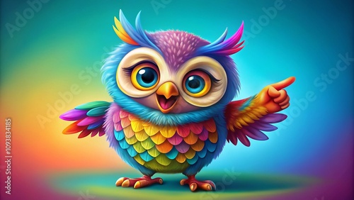 Charming Sweet Owl Cartoon Cheerfully Posing, Smiling, and Pointing with Ample Copy Space for Creative Use in Illustrations and Designs