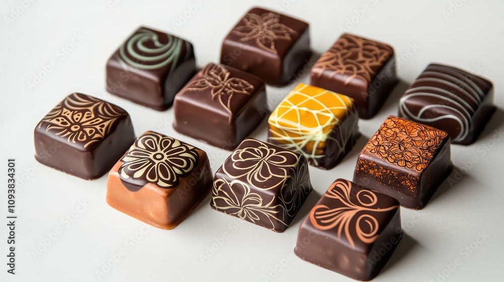 Assorted Handmade Chocolate Confectionery with Intricate Designs Displayed on a Neutral Background for Gourmet Treats and Dessert Lovers Assorted Handmade Chocolate Confectionery with Intricate Designs Displayed on a Neutral Background for Gourmet Treats and Dessert Lovers