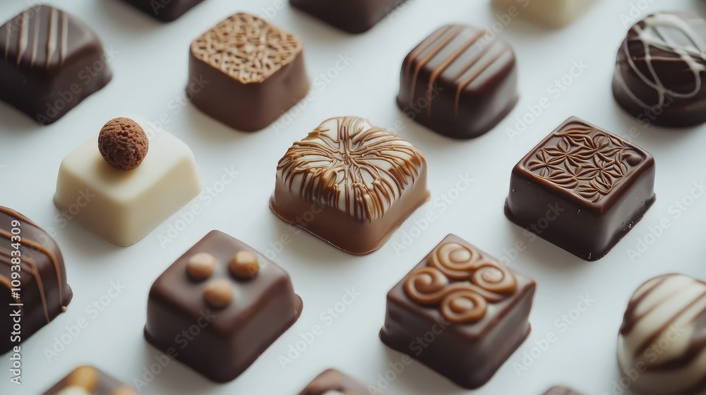 Assorted Gourmet Chocolates Displayed on a White Surface with Intricate Designs and Textures, Perfect for Sweet Treats and Dessert Inspiration Assorted Gourmet Chocolates Displayed on a White Surface with Intricate Designs and Textures, Perfect for Sweet Treats and Dessert Inspiration