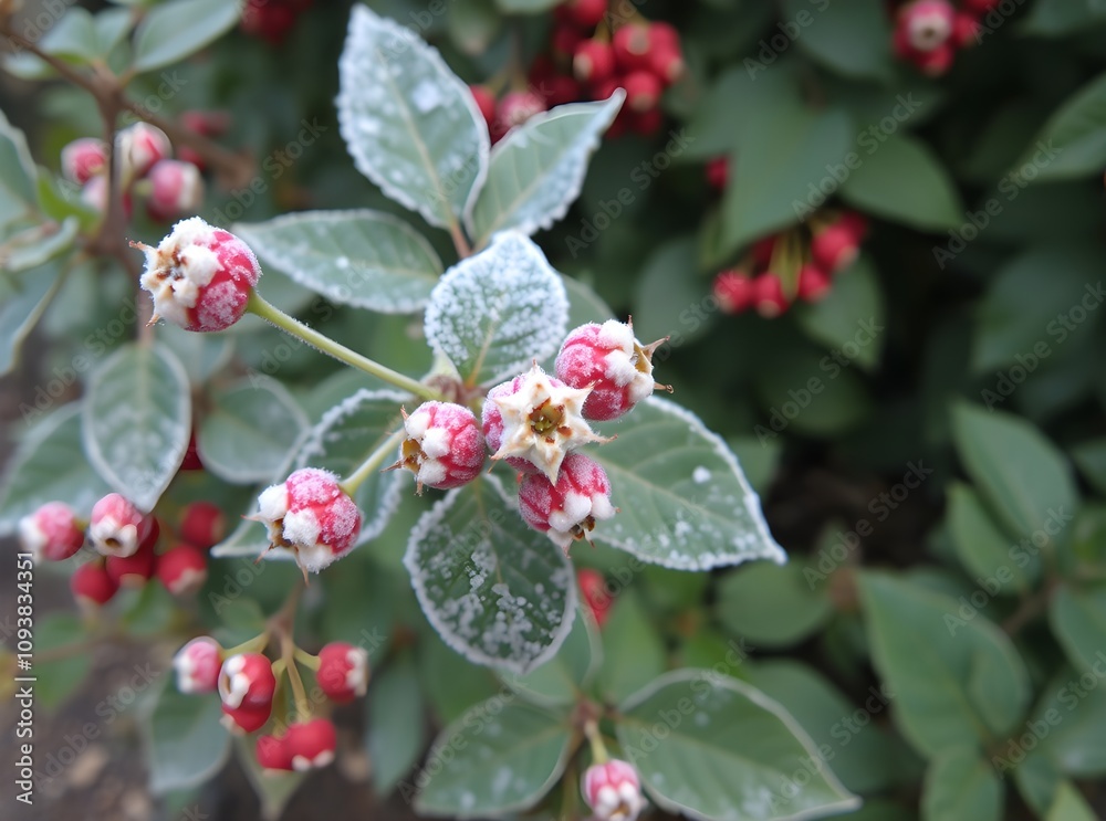 Frost-covered berries on a bush. Winter wonderland scene. Frost-covered berries on a bush. Winter wonderland scene.