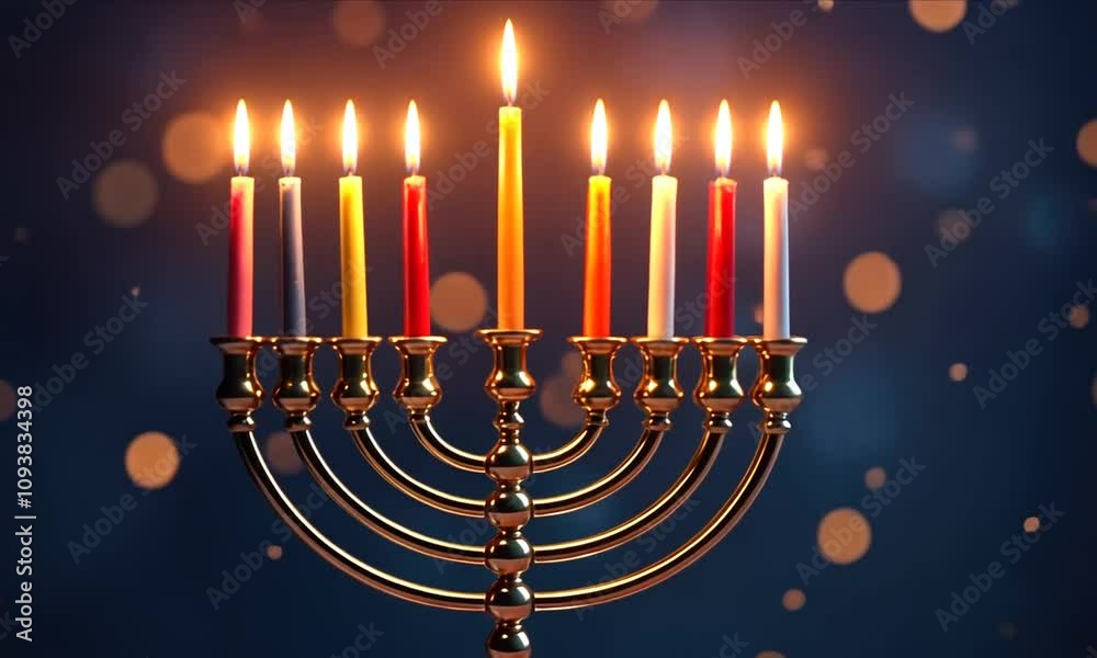 Elegant menorah with nine lit candles against dark background celebrating hanukkah spirit and tradition