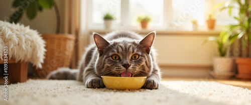 Fluffy gray cat licking from dish in sunny room, pet food ad photo