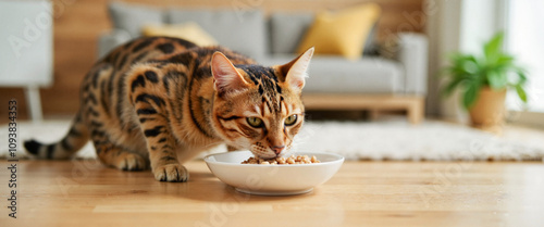 Bengal cat eating from sleek bowl in modern apartment, pet food ad