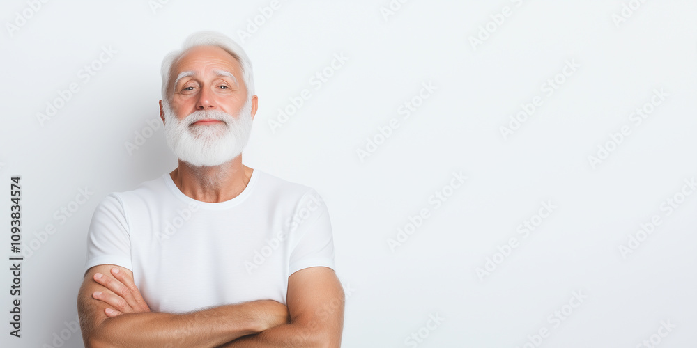 confident senior man with white beard and gray hair, wearing white t shirt, stands with arms crossed against light background, exuding wisdom and calmness. confident senior man with white beard and gray hair, wearing white t shirt, stands with arms crossed against light background, exuding wisdom and calmness.