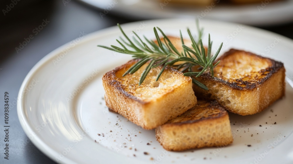 Deliciously toasted bread slices garnished with fresh rosemary on a white plate, perfect for gourmet dishes, brunch, or culinary presentations in food photography. Deliciously toasted bread slices garnished with fresh rosemary on a white plate, perfect for gourmet dishes, brunch, or culinary presentations in food photography.